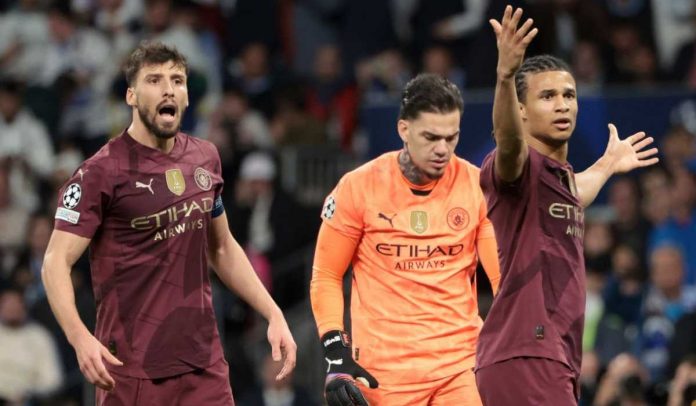 Ruben Dias, Ederson, dan Nathan Ake di laga kontra Real Madrid